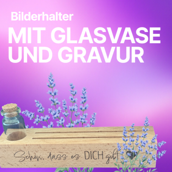 Fotoleiste, Kartenhalter, Bilderhalter aus Buchenholz mit Glasvase, Gravur und zwei Herzen