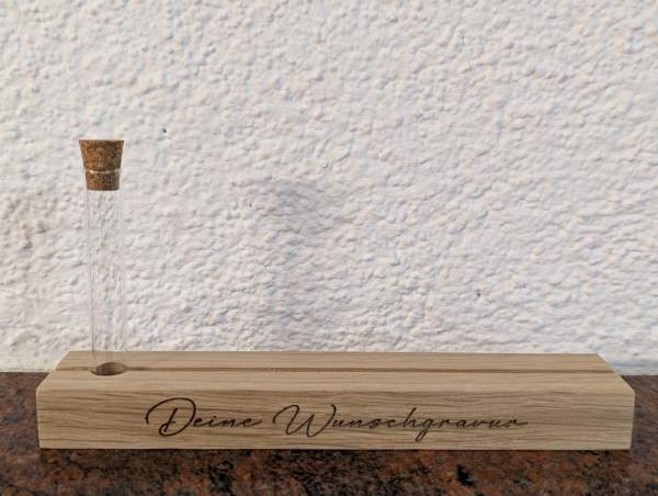 Kartenhalter/Bilderhalter aus Eichenholz mit Glasvase und optionaler Wunschgravur